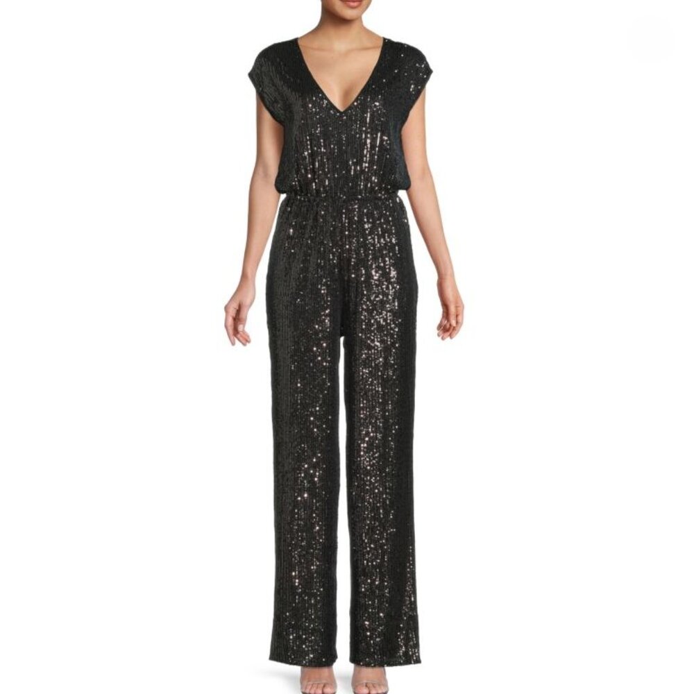 BCBGMaxAzria Black Sequin Jumpsuit Sleeveless V-neck XS EUC